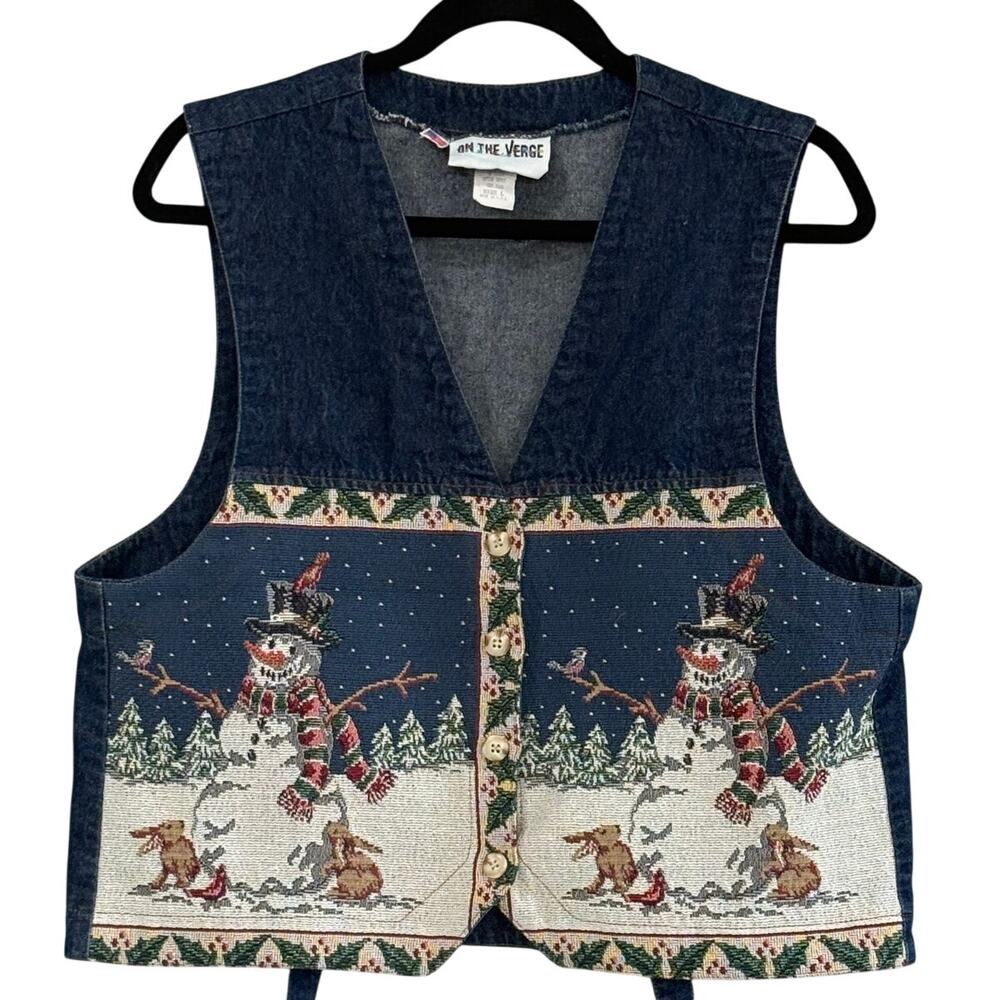VINTAGE On The Verge Xmas Snowman Tapestry Denim Vest Women's Size L Made In USA